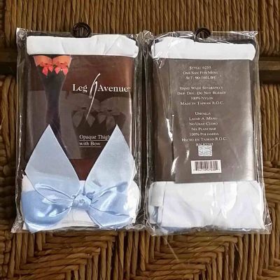 Thigh High Stockings, White W/Blue Bow, Opaque, Retro, Pin-up, Cosplay, CUTE FUN